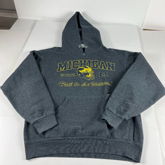 Y2K Jerzees Michigan Wolverines Sweatshirt Medium Dark Grey Distressed Hoodie - Picture 1 of 16
